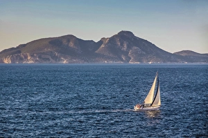 Fishing Town Prints: Sailboat in the evening light on the coast of Port d`Andratx