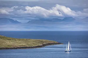 Sailing Prints: Sailboat off the coast in the northeast of the Trotternish Peninsula, Isle of Skye