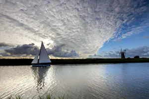 Sailboat on River Thurne, Norfolk Broads National Park, Norfolk, England