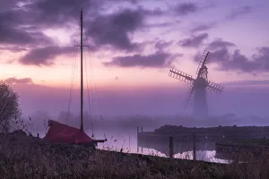 Horizontal Gallery: Sailboat & Thurne Mill in Mist, Thurne, Norfolk, England