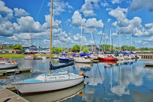 Play Prints: Sailboats and cumulus clouds in marina on Lake Winnipeg. Gimli, Manitoba, Canada