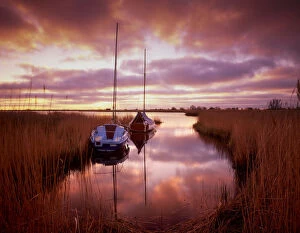 Sailboats at Sunset, Horsey Mere, Norfolk Broads National Park, Norfolk, England