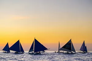 Aklan Province Gallery: Sailboats at sunset on White Beach, Boracay Island, Aklan Province, Western Visayas