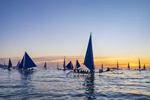 Sailboats at sunset on White Beach, Boracay Island, Aklan Province, Western Visayas