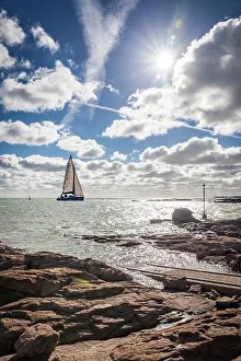 Barfleur Prints: Sailing boat off the coast of Barfleur, Calvados, Normandy, France