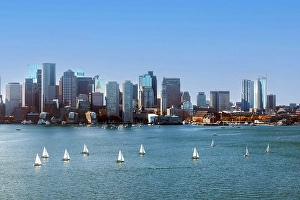 Sails Prints: Sailing boats and the Boston skyline, Boston, Massachusetts, USA