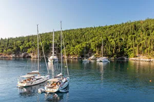 Images Dated 19th July 2022: Sailing boats at Foki Bay, Fiskardo, Kefalonia, Ionian Islands, Greece