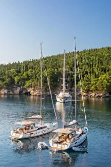Images Dated 19th July 2022: Sailing boats at Foki Bay, Fiskardo, Kefalonia, Ionian Islands, Greece