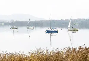 Sailing boats reflected in Windermere on a misty autumnal morning, Lake District National Park, Cumbria, England