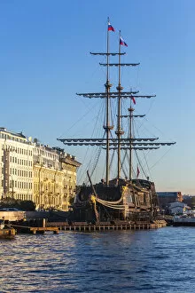 Sailing ship Blagodat currently a floating restaurant, Neva river, St Petersburg, Russia