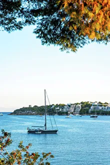 Sail Boat Prints: Sailing yacht anchored off the Palmanova beach, Mallorca, Spain