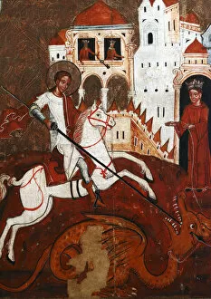 Saint George and dragon (17 century), Volyn icon, museum, Lutsk, Volyn oblast, Ukraine