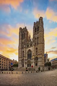 Bruxelles Prints: Sainte Gudule Cathedral at sunrise in Bruxelles, Belgium