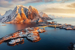 Lofoten Prints: Sakrisoy and Hamnoy at sunrise with Feshelltinden in the background