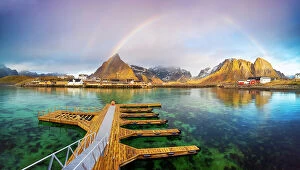 Images Dated 1st June 2023: Sakrisoy with rainbow, Moskenes, Moskenesoya, Nordland, Lofoten, Norway
