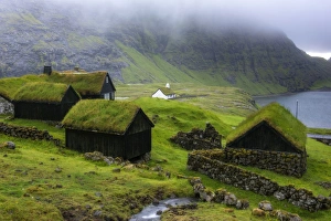 Saksun Prints: Saksun, Stremnoy island, Faroe Islands, Denmark. Iconic green roof houses