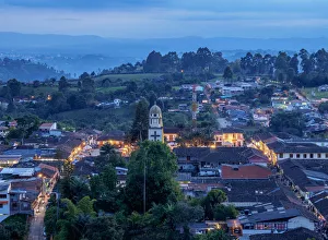 Quindio Prints: Salento at dusk, elevated view, Quindio Department, Colombia