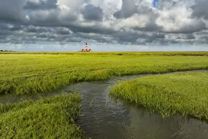 Salt marshLighthouse, Westerhever, Westerheversand, Wadden sea, Eiderstedt, North Frisia