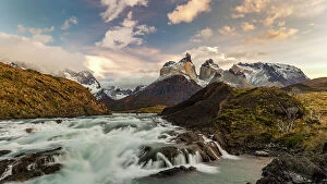 Images Dated 14th September 2023: Salto Grande cascades and Cuernos del Paine, Torres del Paine National Park, Patagonia, Chile