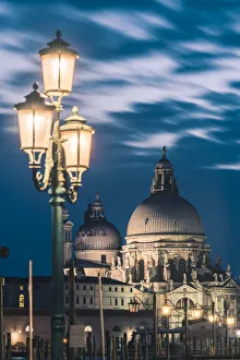 Street Lights Prints: Salute (St Mary of Health) Basilica at dusk, Venice, Veneto, Italy