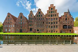Salzspeicher on sunny day, riverside warehouses for salt built in the Renaissance style, Lubeck, UNESCO, Schleswig-Holstein, Germany