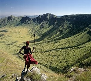 Kenyan Collection: A Samburu warrior looks out across the eastern scarp