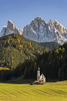 San Giovanni in Ranui church with odle Dolomites on the background. Santa Maddalena