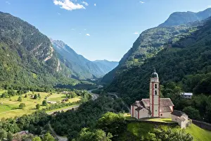 Mountain Pass Prints: San martino church of Soazza dominating the road to San Bernardino pass