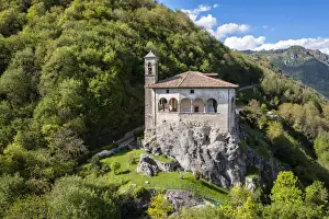 Seriana Valley Prints: San Patrizio sanctuary on a hill overlooking Casnigo and Valle Seriana