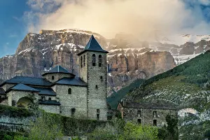 Aragon Prints: San Salvador church with Mondarruego mountain behind, Torla, Aragon, Spain