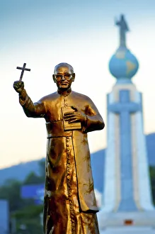 San Salvador, El Salvador, Dawn, Savior Of The World Plaza, Statue Of Archbishop Oscar San Salvador, El Salvador, Dawn, Savior Of The World Plaza, Statue Of Archbishop Oscar