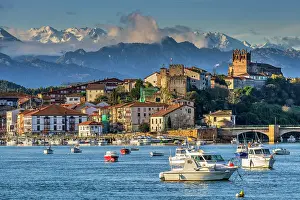 Northern Spain Prints: San Vicente de la Barquera with the snowy Picos de Europa mountains in the backdrop