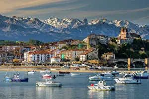 Townscape Prints: San Vicente de la Barquera with the snowy Picos de Europa mountains in the backdrop
