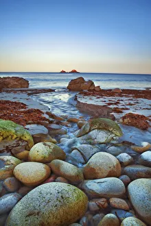 Pebble Prints: Sand beach with stones at Porth Nanven - United Kingdom, England, Cornwall, Saint Just