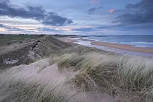 Sand Dunes above Embleton Beach during twilight, Northumberland, England. Spring (May)