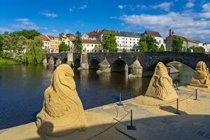 Images Dated 10th March 2022: Sand sculptures next to Pisek Stone Bridge, Pisek, South Bohemian Region, Czech Republic