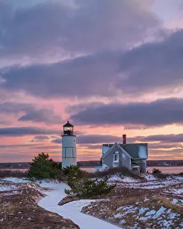Barnstable Prints: Sandy Neck lighthouse on winter sunset, Cape Cod, West Barnstable, Massachusetts, USA