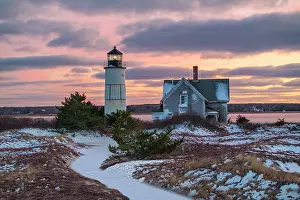 Barnstable Prints: Sandy Neck lighthouse on winter sunset, Cape Cod, West Barnstable, Massachusetts, USA