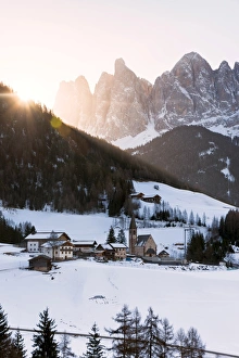Villnoss Prints: Sankt Magdalena in a winter sunrise in Funes valley, Odle Natural park in Trentino