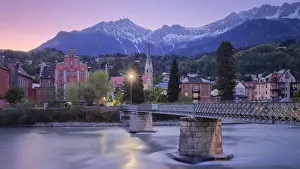 Tiroler Prints: Sankt Nikolaus district at dusk with the Nordkette mountain range in the background