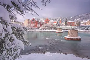 Tiroler Prints: Sankt Nikolaus district as seen from the Inn Promenade after a snowy morning, Innsbruck