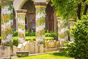 Majolica Prints: Santa Chiara Monastery, Cloister with majolica columns, Naples, Italy