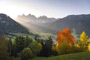 Santa Magdalena village with Odle Mountain Group on the background. Funes valley, South Tyrol, Italy Images Dated 22nd April 2022: Santa Magdalena village with Odle Mountain Group on the background. Funes valley, South Tyrol, Italy