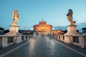 Tiber Prints: The Sant'Angelo Bridge leading to Hadrian's Mausoleum at dusk. Rome, Lazio, Italy