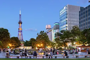 Sitting Prints: Sapporo TV Tower and Odori Park at dusk, Sapporo, Hokkaido, Japan