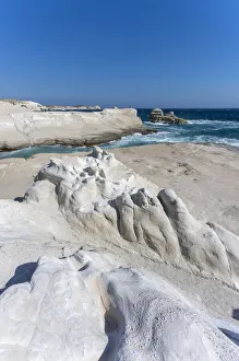 Milos Prints: Sarakiniko Beach, Milos, Cyclades, Greece. White volcanic rocks and blue sea