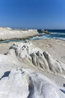Sarakiniko Beach, Milos, Cyclades, Greece. White volcanic rocks and blue sea