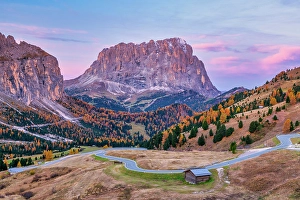 Barn Prints: Sassolungo from Gardena Pass at Sunrise