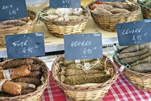 Saucission sec, dry cured sausage for sale at weekly farmers market in bastide