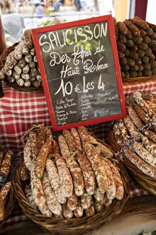 Images Dated 16th April 2021: Sausages at a market in Valensole, Provence, France